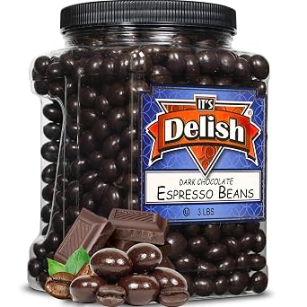 Dark Chocolate Covered Espresso Beans - by Its Delish, 3 Lbs Jumbo Container | Coffee Lovers Snack | Gourmet Chocolates Candy Snacks | Made in USA, Vegan, Kosher