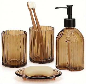 4Pcs Amber Glass Bathroom Accessories Set   Arched Stripe Design Soap Dispenser, Toothbrush Holder, Tumbler & Soap Dish   Complete Vintage Bathroom Countertop Organiser Set for Home Decor Amber A