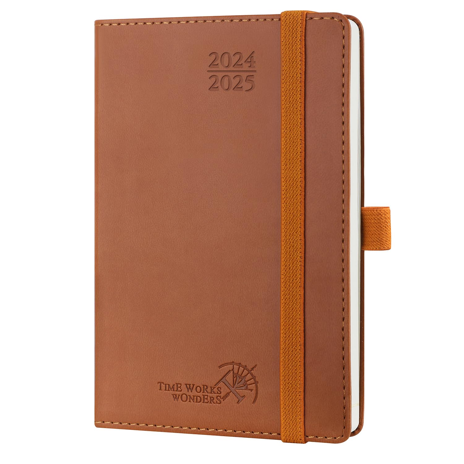 POPRUN Agenda 2024 2025 Pequeña de Bolsillo 16 x 10,5 cm, Planificador Semanal 17 Meses de Ago.2024 a Dic.2025, 1 Semana 2 Páginas, Porta Boligrafos Autoadhesivo, 80 GSM Papel, Marrón
