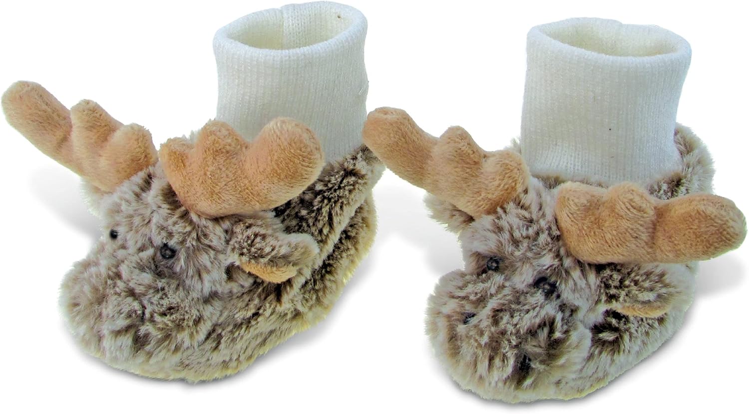 DolliBu Brown Moose Soft Plush Baby Shoes – Soft & Fluffy Wild Life Fleece Unisex Footwear with Stuffed Animal Moose for Baby Boy or Girl – Fuzzy Indoor Slipper, Winter Foot Warmer – One Size