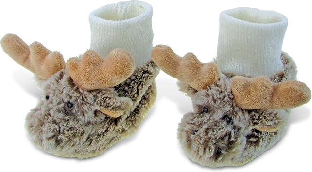 Puzzled DolliBu Brown Moose Soft Plush Baby Shoes - Soft & Fluffy Wild Life Fleece Unisex Footwear with Stuffed Animal Moose for Baby Boy or Girl - Fuzzy Indoor Slipper, Winter Foot Warmer - One Size