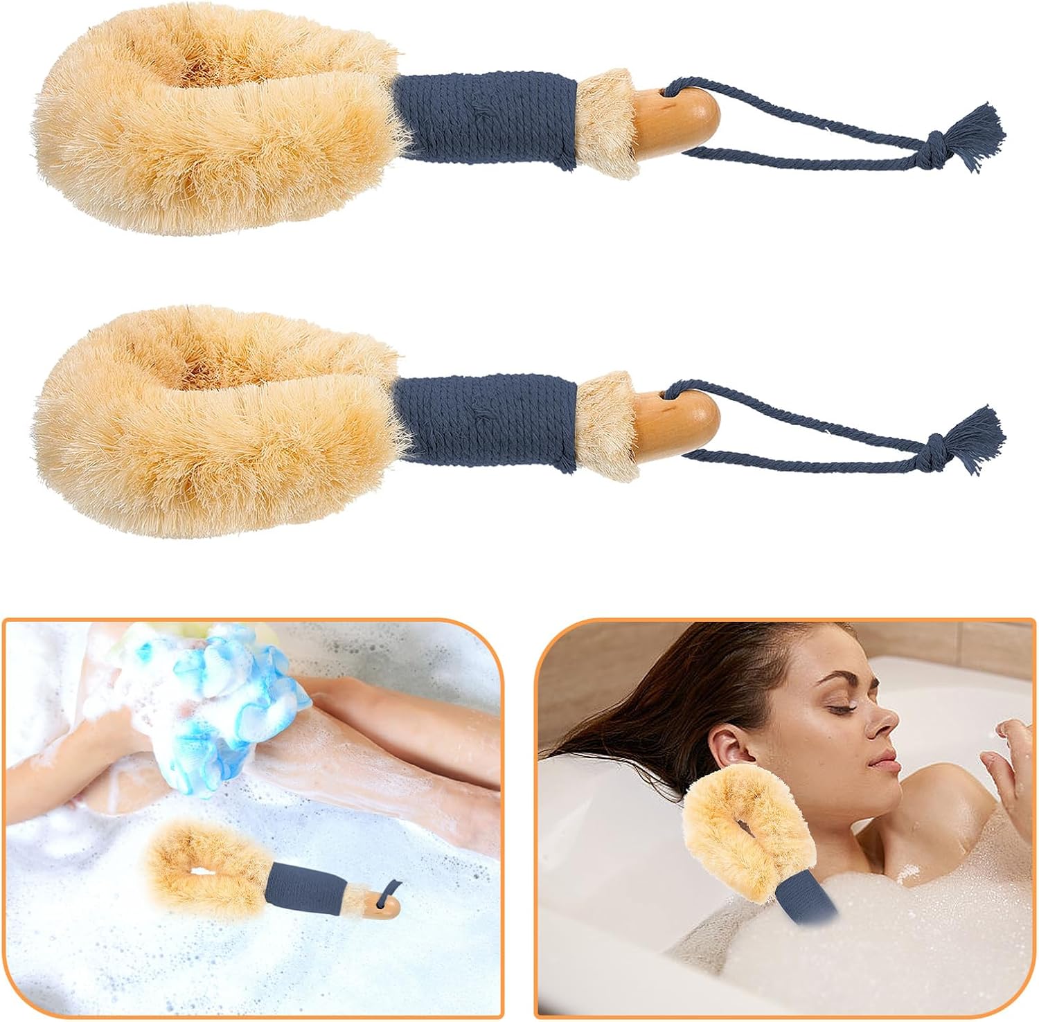 Long Handle Sisal Body Brush for Showering 2pcs Set with Natural Fiber Exfoliating Back Scrubber and Massage Bath Brush for Dry Skin Care