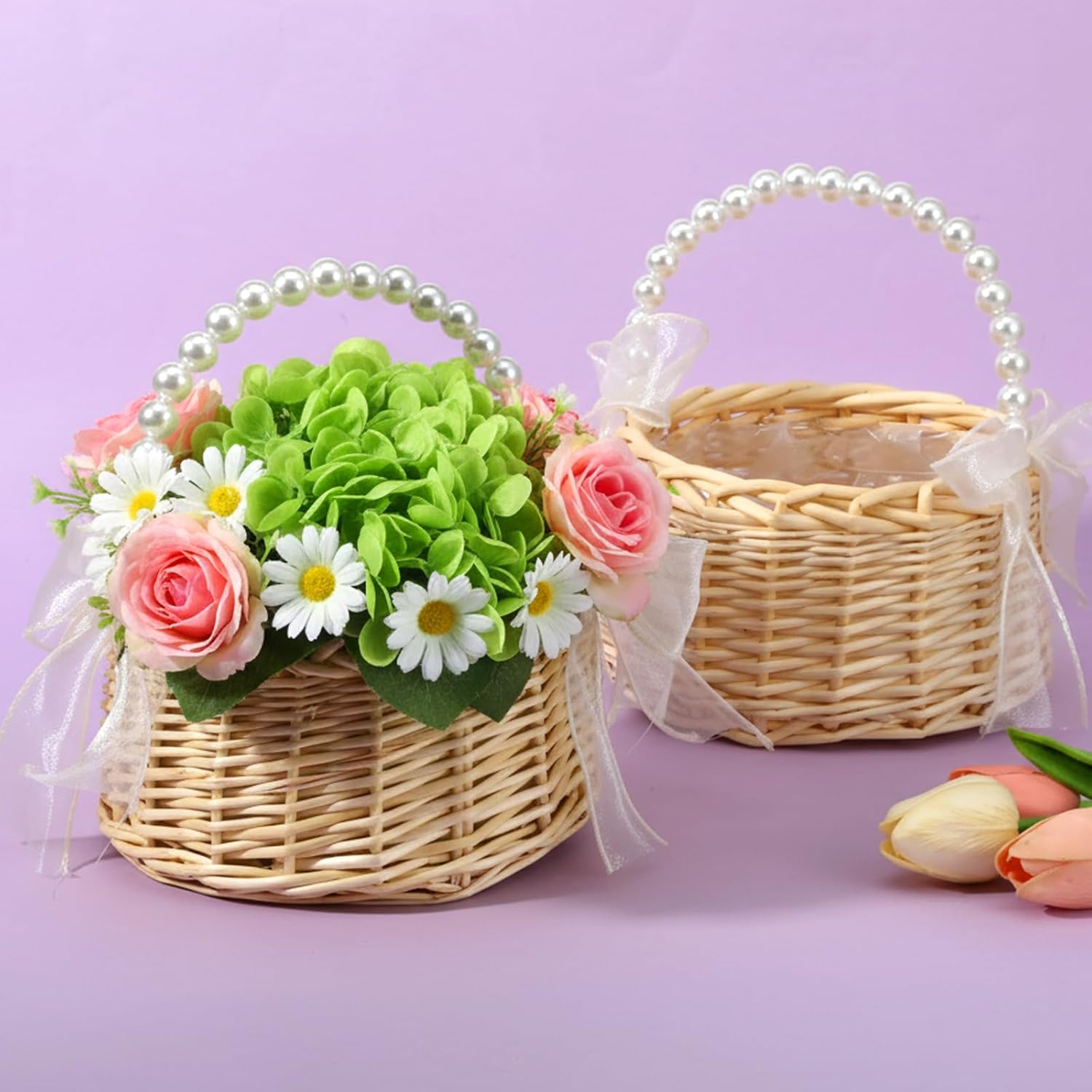 Flower Girl Basket Set of 2, Handwoven Small Wicker Basket with Pearl Handle, Ribbon Bow & Plastic Liner, Rustic Beach Wedding Fairy Flower Girl Baskets for Wedding Home Garden Decor Outdoor Picnic
