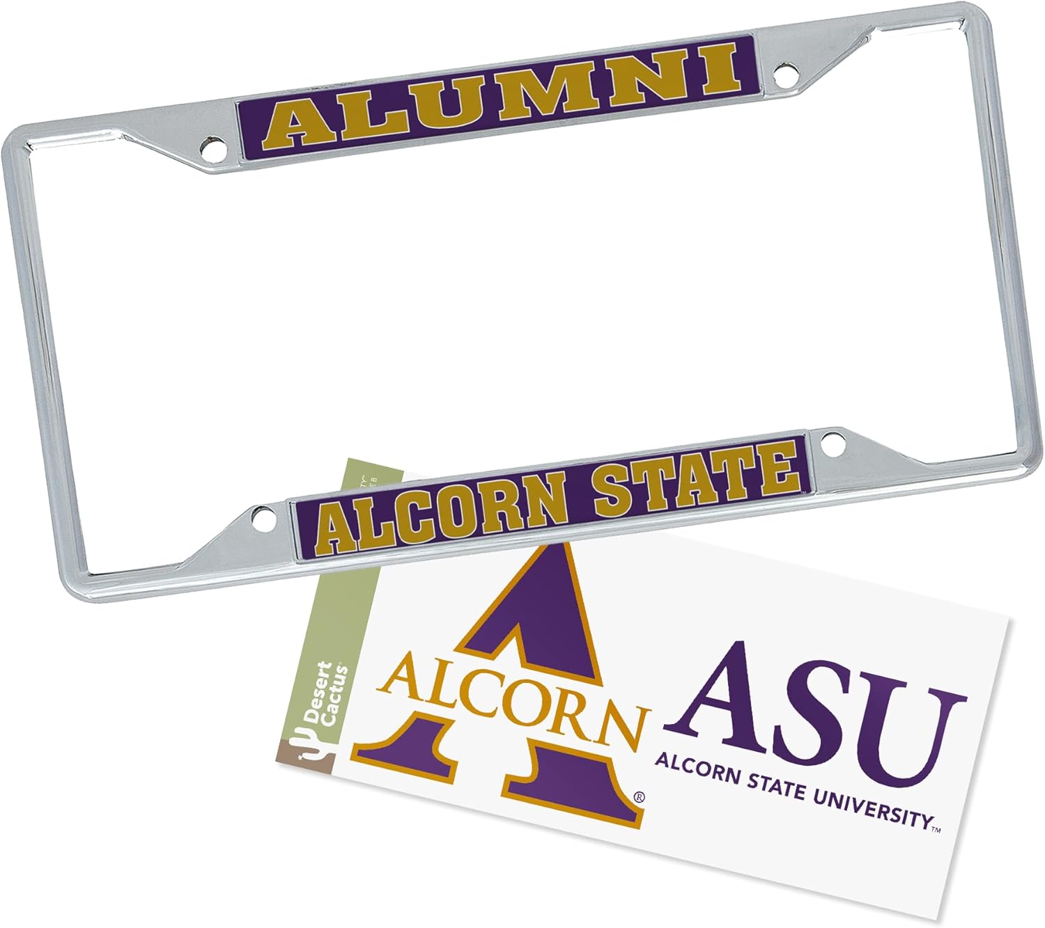 Desert Cactus Alcorn State University Car Accessories Metal License Plate Frame and Sticker for Front or Rear of Car (Sticker Frame Combo - Alumni)