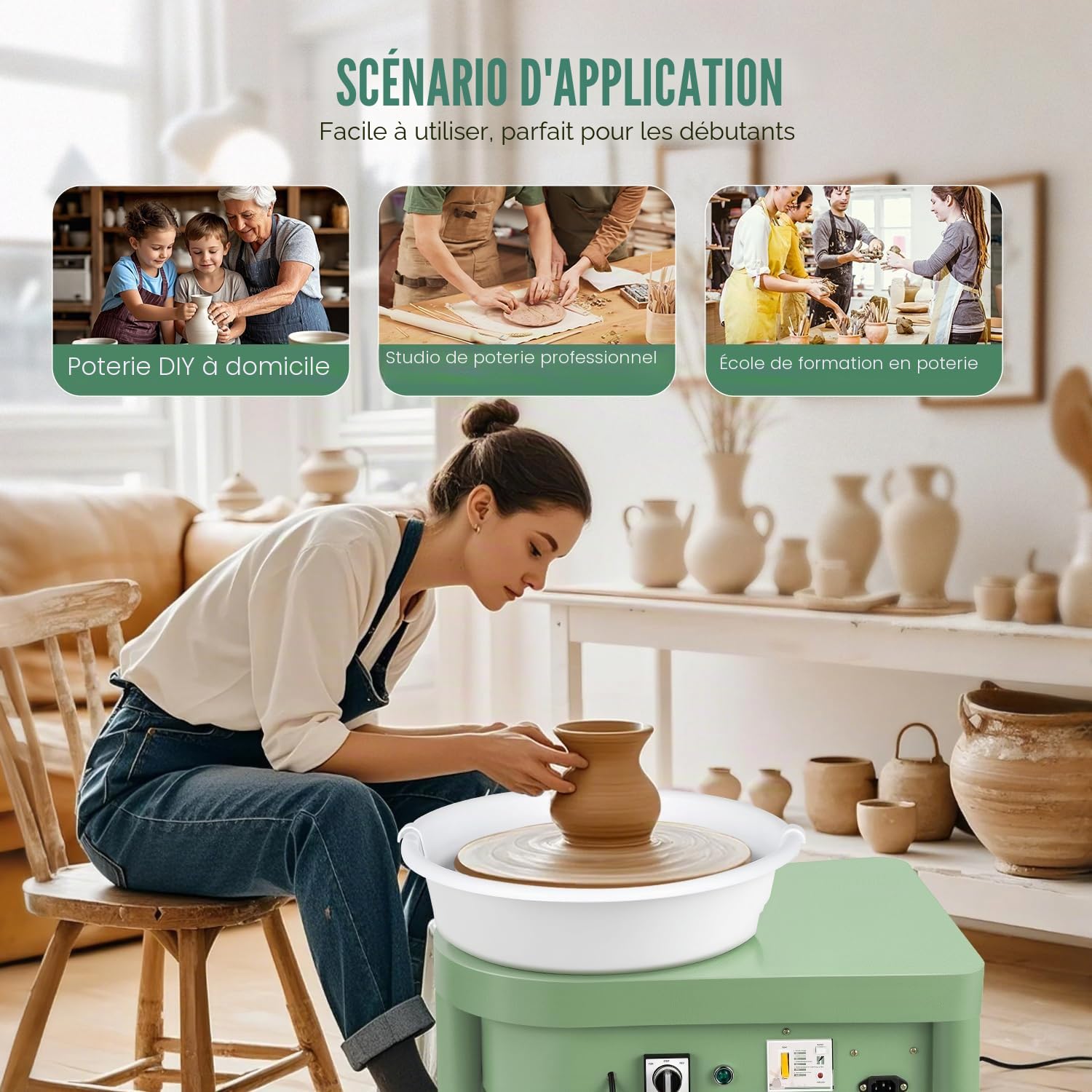 Huanyu Roue de poterie de 30 cm avec système de battes Roue de poterie électrique de 350 W pour adultes et débutants Roue de potier professionnel avec kit d'outils de poterie (Vert)
