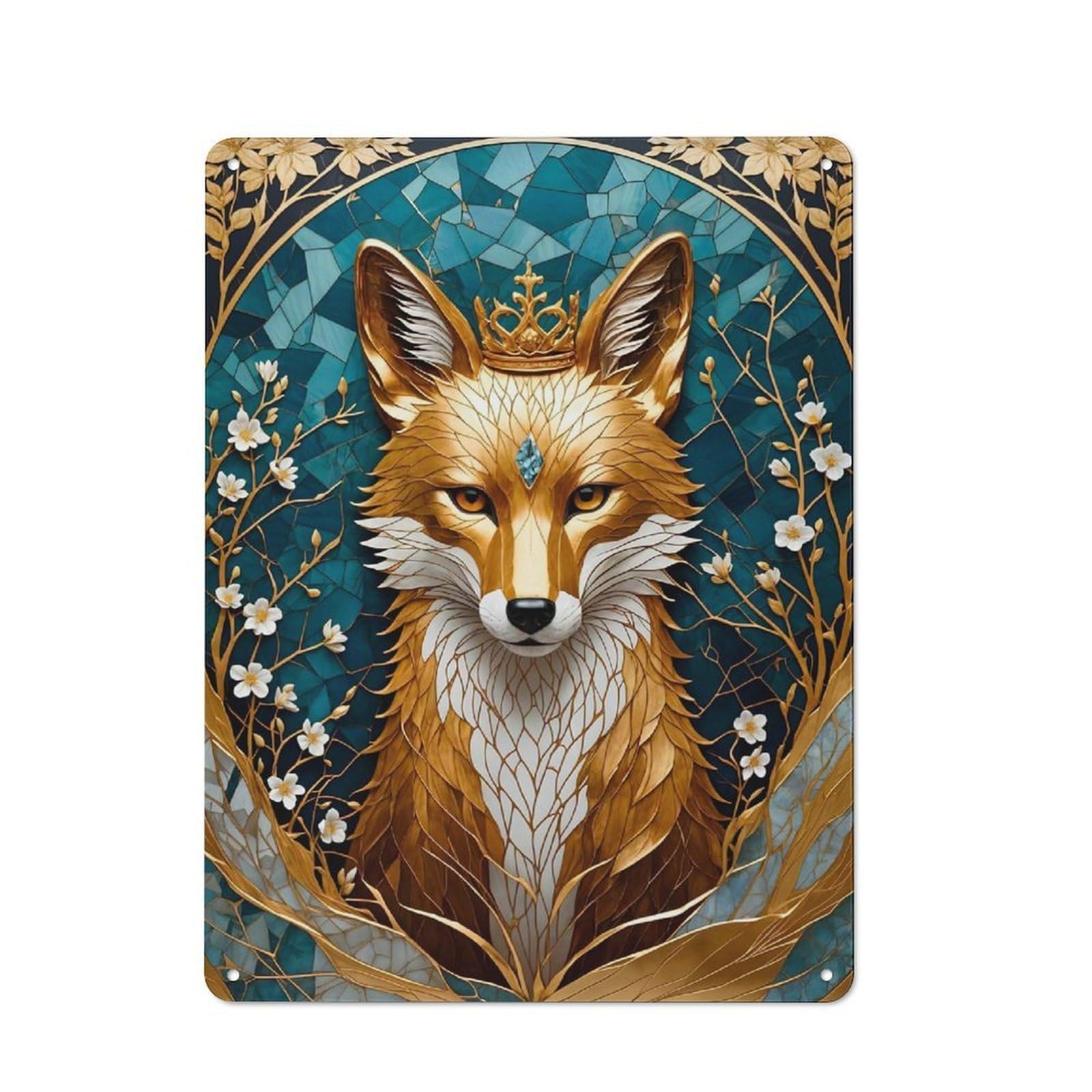 Junmoney Golden Fox Kitsune Retro Printed Metal Sign 40X30cm For Living Room Wall, Wall Decor For People Reorganising Living Room