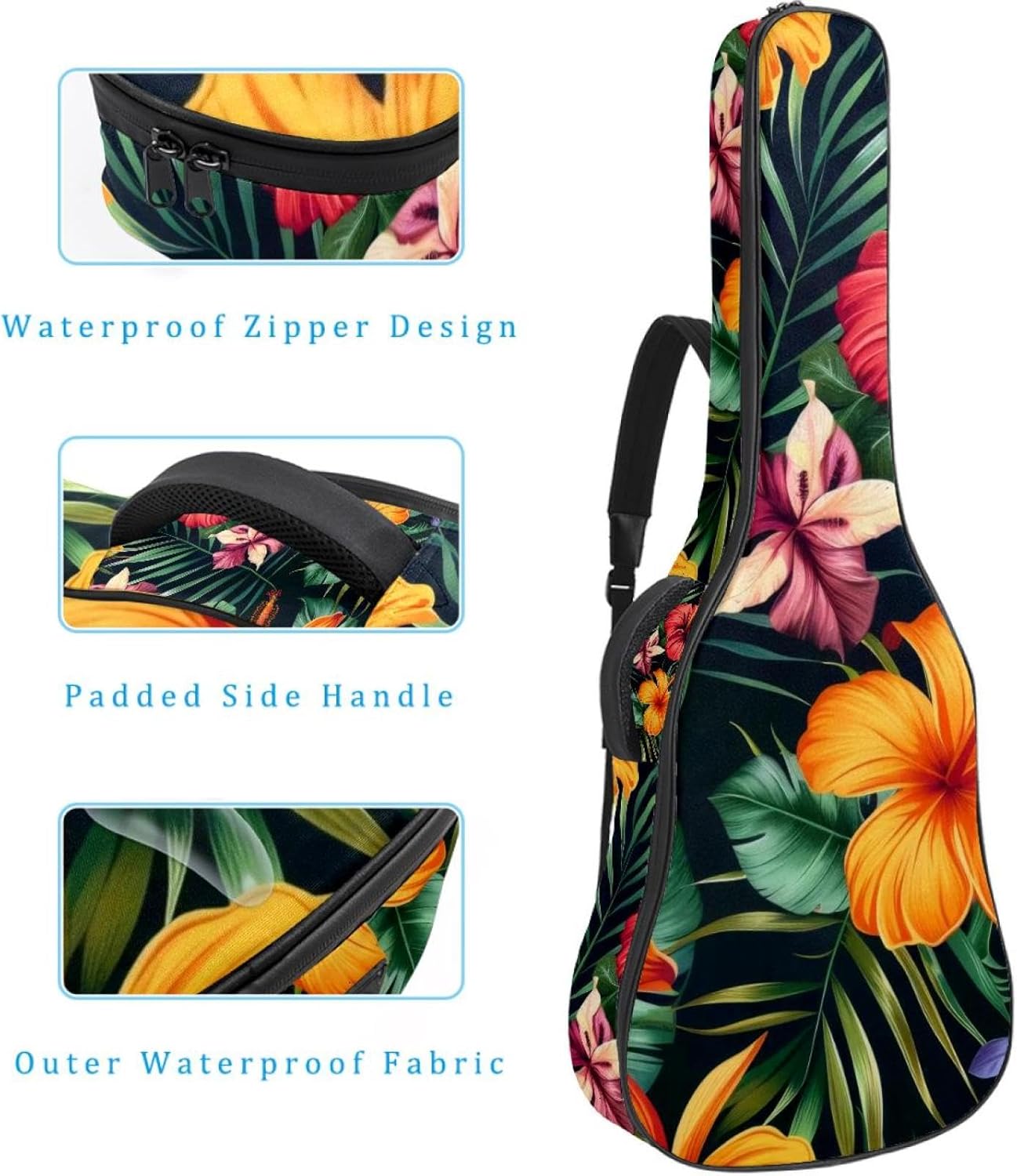 40 41 42 Inch Guitar Bags, Waterproof Padded Acoustic Guitar Case Backpack with Adjustable Shoulder Strap & Pockets, Exotic Flowers Palm Leaves Hibiscus Floral