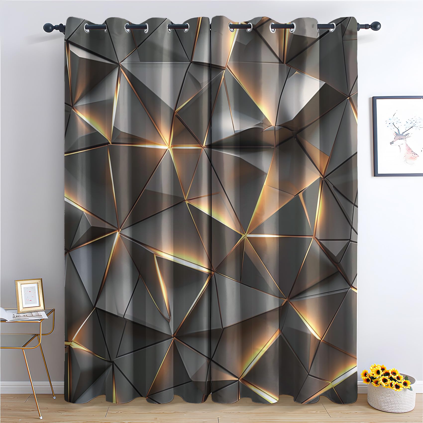 DlaQoryx Grey Gold Geometric Blackout Curtains Modern Triangles Cubism Curtain for Living Room, Bedroom Home Decor Window Drapes, 66x54 Inch 2 Panels Extra Wide Eyelet Thermal Curtains