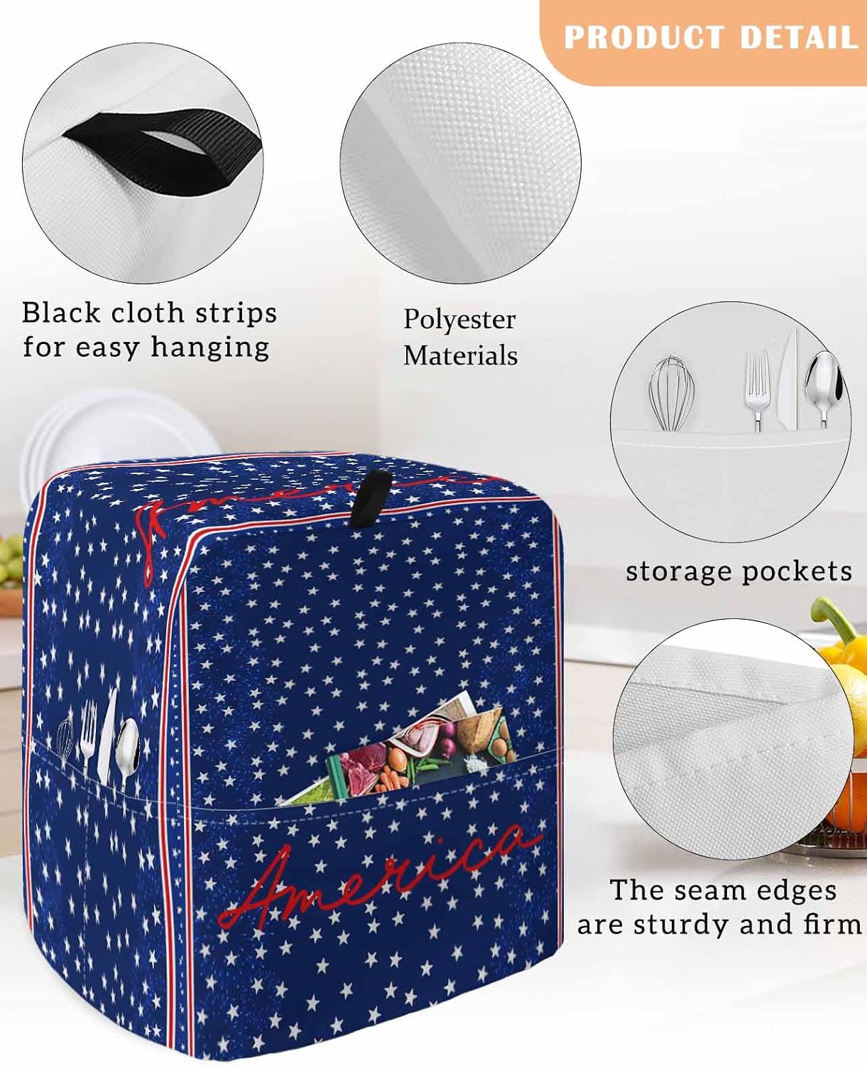 4th of July Stand Mixer Cover with Storage Pocket, Waterproof Kitchen Mixer Covers, Independence Day American Patriotic Stars Blue Kitchen Appliance Dust Cover Compatible with 5-8 Quart Mixers