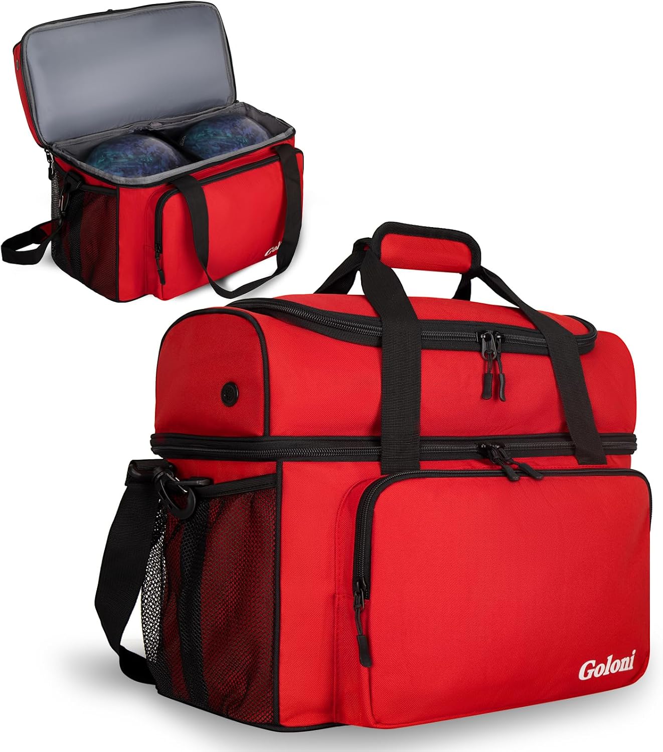 Goloni 2 Balls Bowling Bag with Ball Holder - Fits Bowling Shoes Up to Mens Size 16 and Accessories