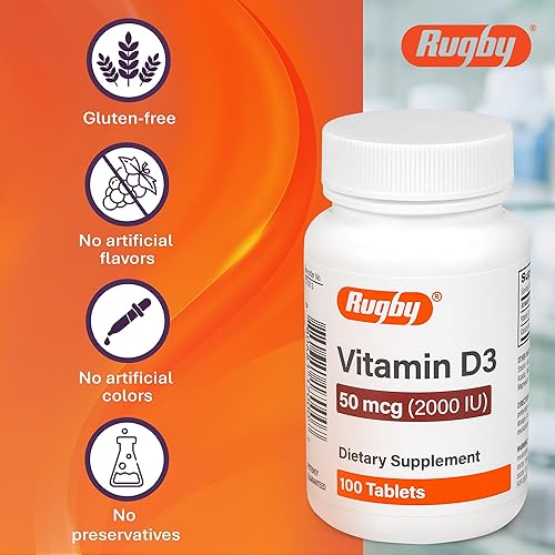 Miniatura 6 de Rugby Vitamina D3 2000 UI (50 mcg) - Suplemento dietético diario de vitamina D sin gluten para huesos, dientes y salud inmunológica, 100 tabletas