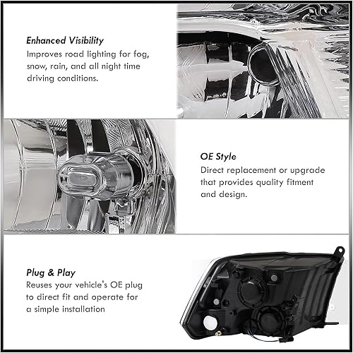 Miniatura 7 de Conjunto de faros delanteros para Dodge Ram 1500 2009-2018, Ram 2500 3500 2010-2018, lado del conductor y del pasajero, carcasa negra, esquina ámbar