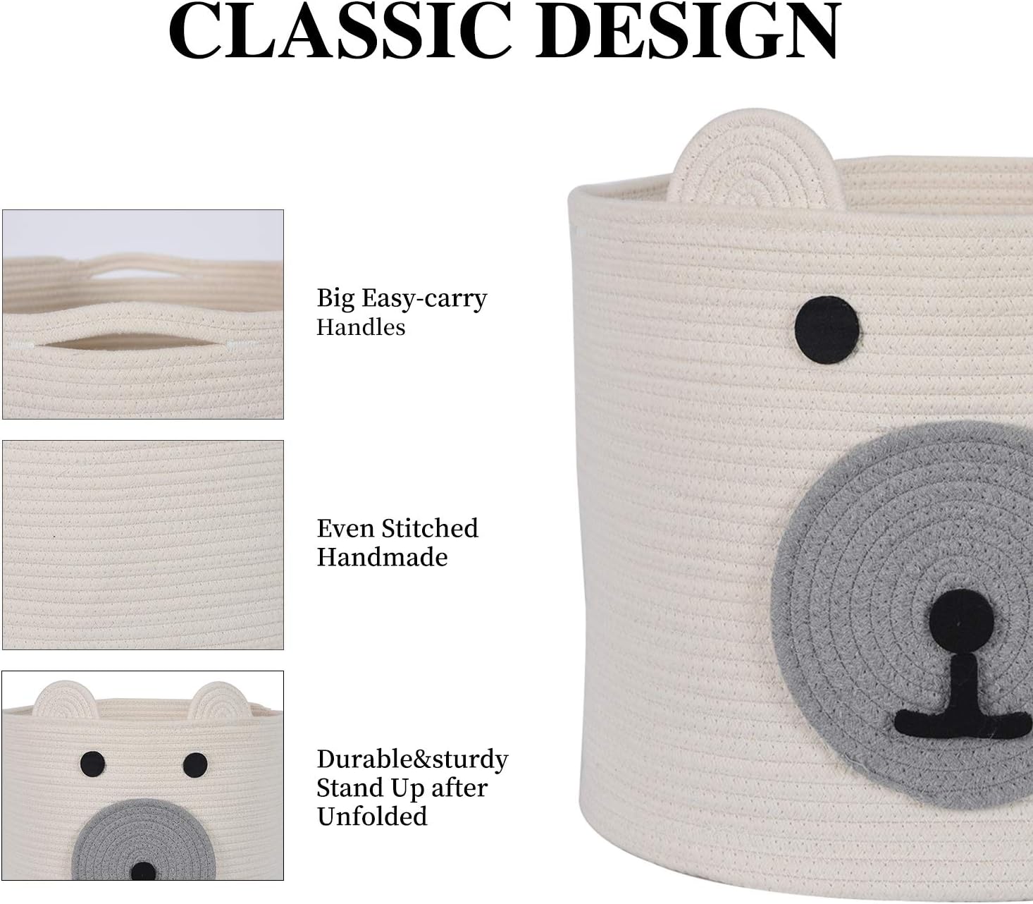 Toy Storage Basket With Cute Bear Design, Baby Clothes Hamper With Handles, Rope Basket for Nursery, 16"(D) x 14"(H)