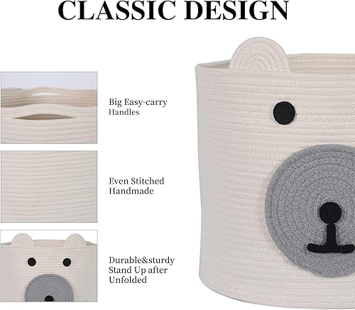 Miniatura 5 de Cesta de almacenamiento de juguetes con bonito diseño de oso, cesta de ropa de bebé con asas, cesta de cuerda para guardería, 16 pulgadas de