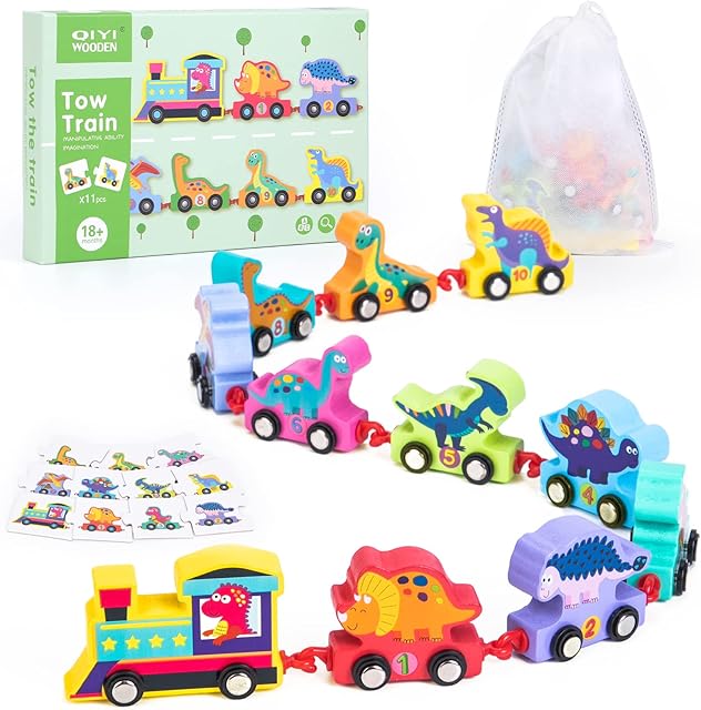 Yellcetoy Dinosaur Cars Wooden Train Set Toys for Toddler, 11PCS Educational Montessori Toys Cars with Numbers Set for Kids Boys & Girls Gifts