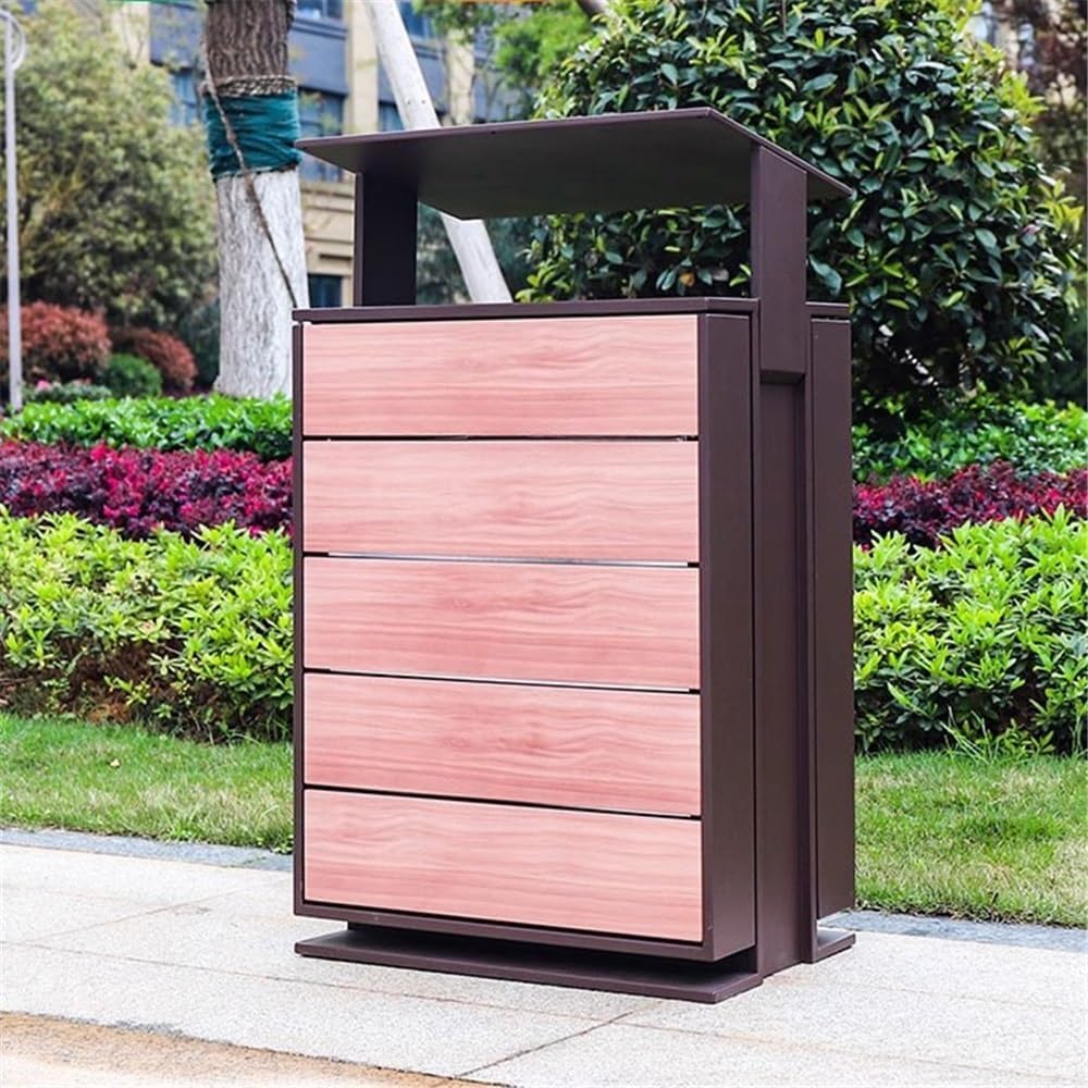Outdoor Waste Bin Metal Waste Bin with Faux Wood Grain for Outdoor Public Areas, Waste Bin 95L Large Commercial Waste Bin, Heavy Duty Waste Bin
