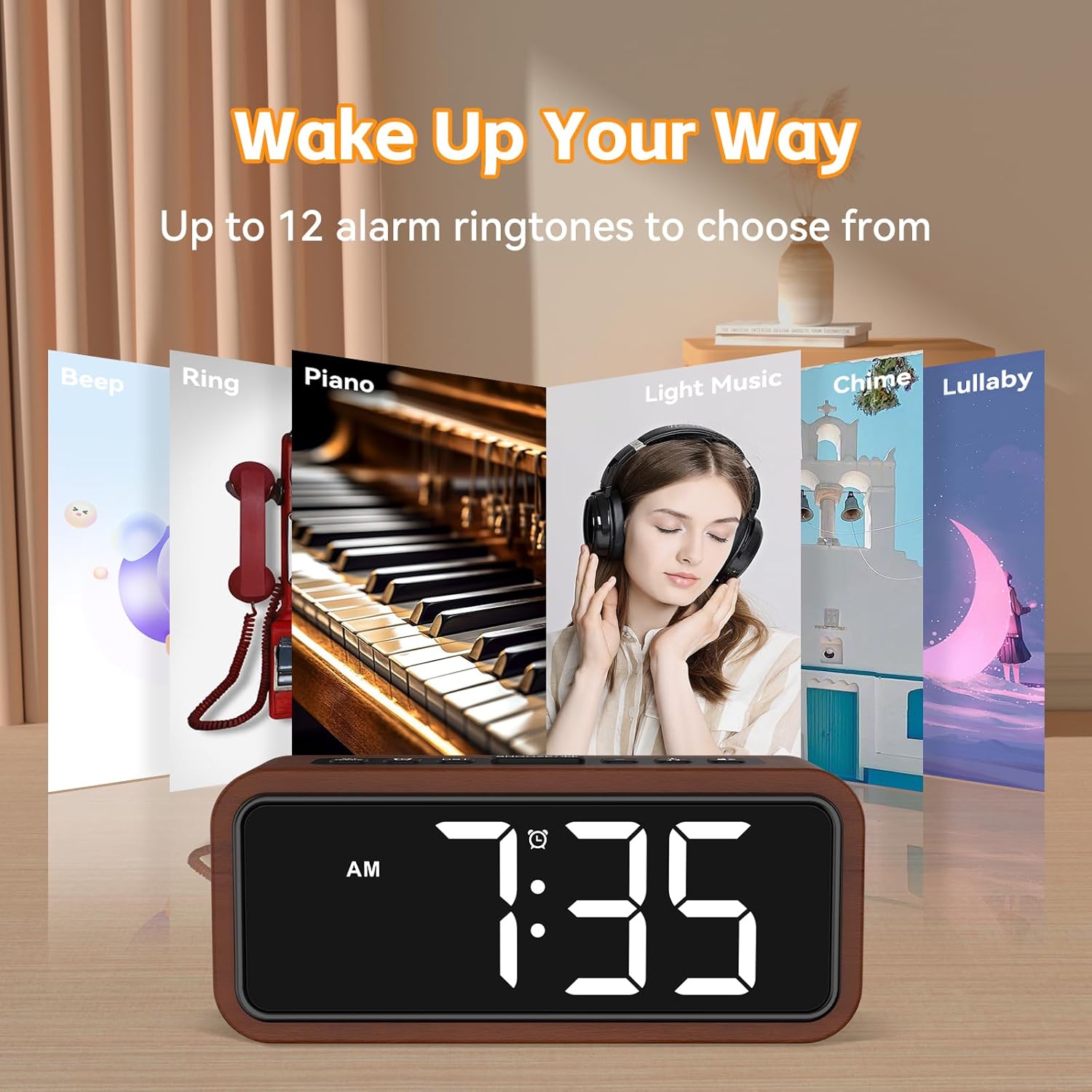 Various alarm ringtone options including Beep, Ring, Piano, Light Music, Chime, Lullaby