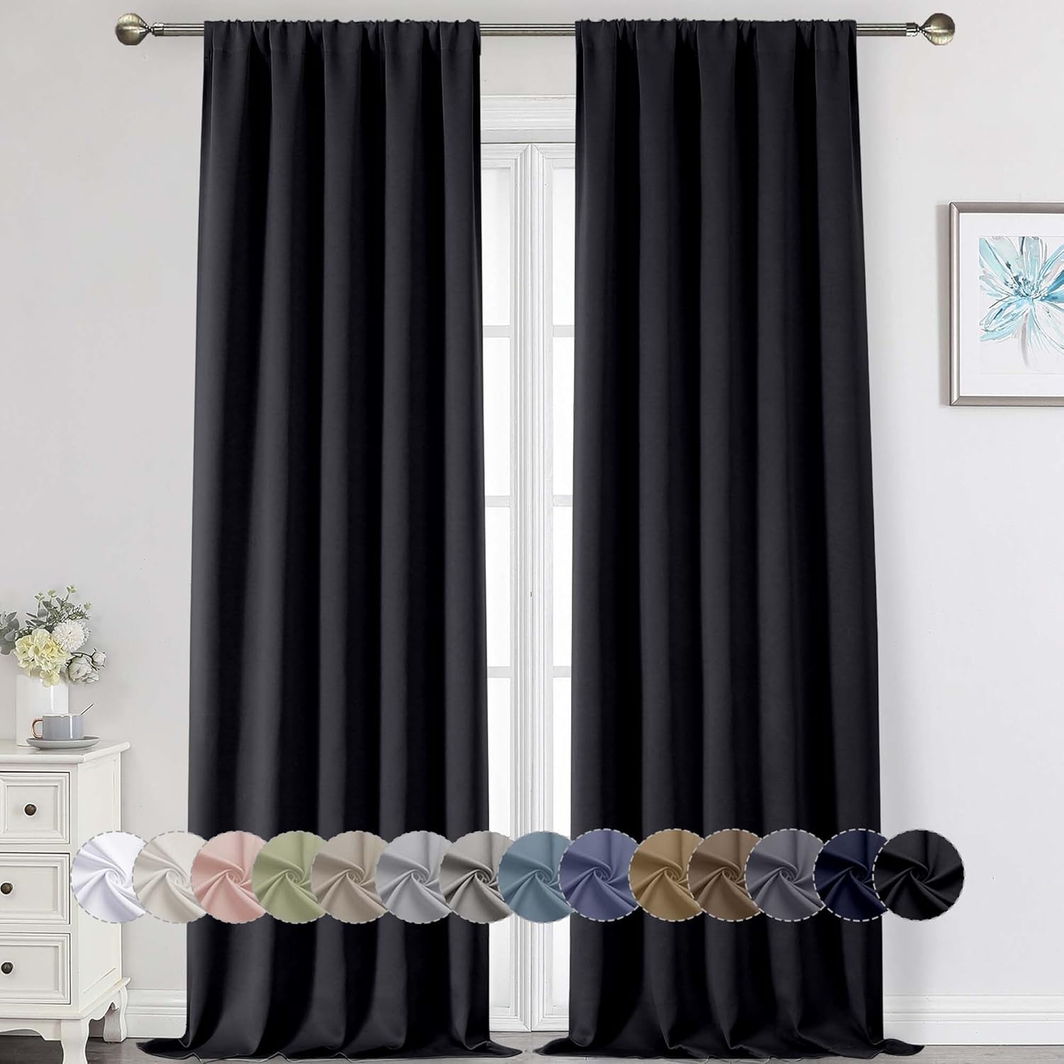 Extra Long Black Blackout Curtains for Bedroom Living Room 120 Inches Long 2 Panels, Soft Solid Room Darkening Thermal Insulated Window Treatments, Rod Pocket Curtain, 50" Wx120 L