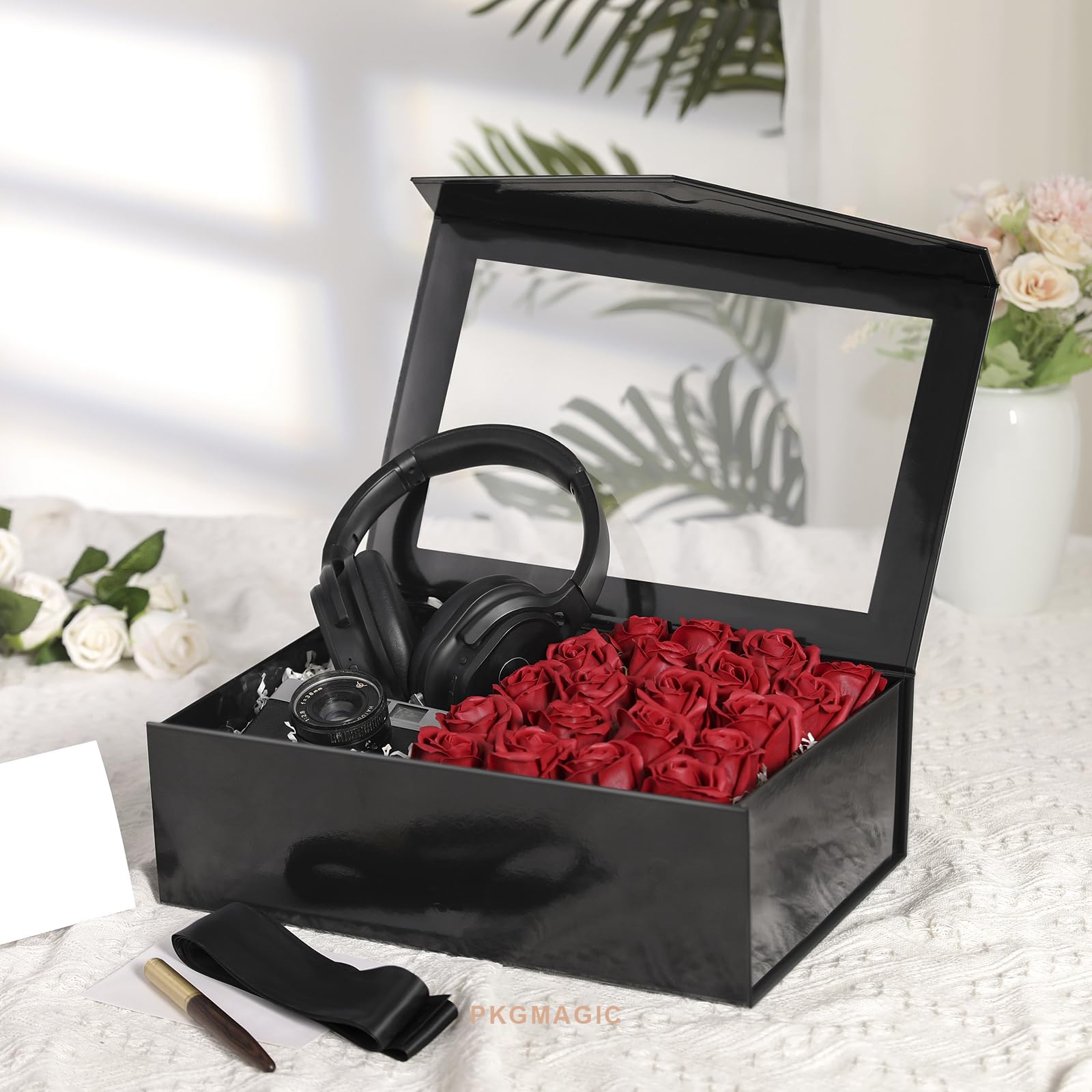 PKGMAGIC 5 große Geschenkboxen schwarz mit Fenster für Vatertag, 35,6 x 24 x 11,4 cm, leere Geschenkboxen mit Deckel für Band, Karte, Boxen für Hochzeit, Geburtstag