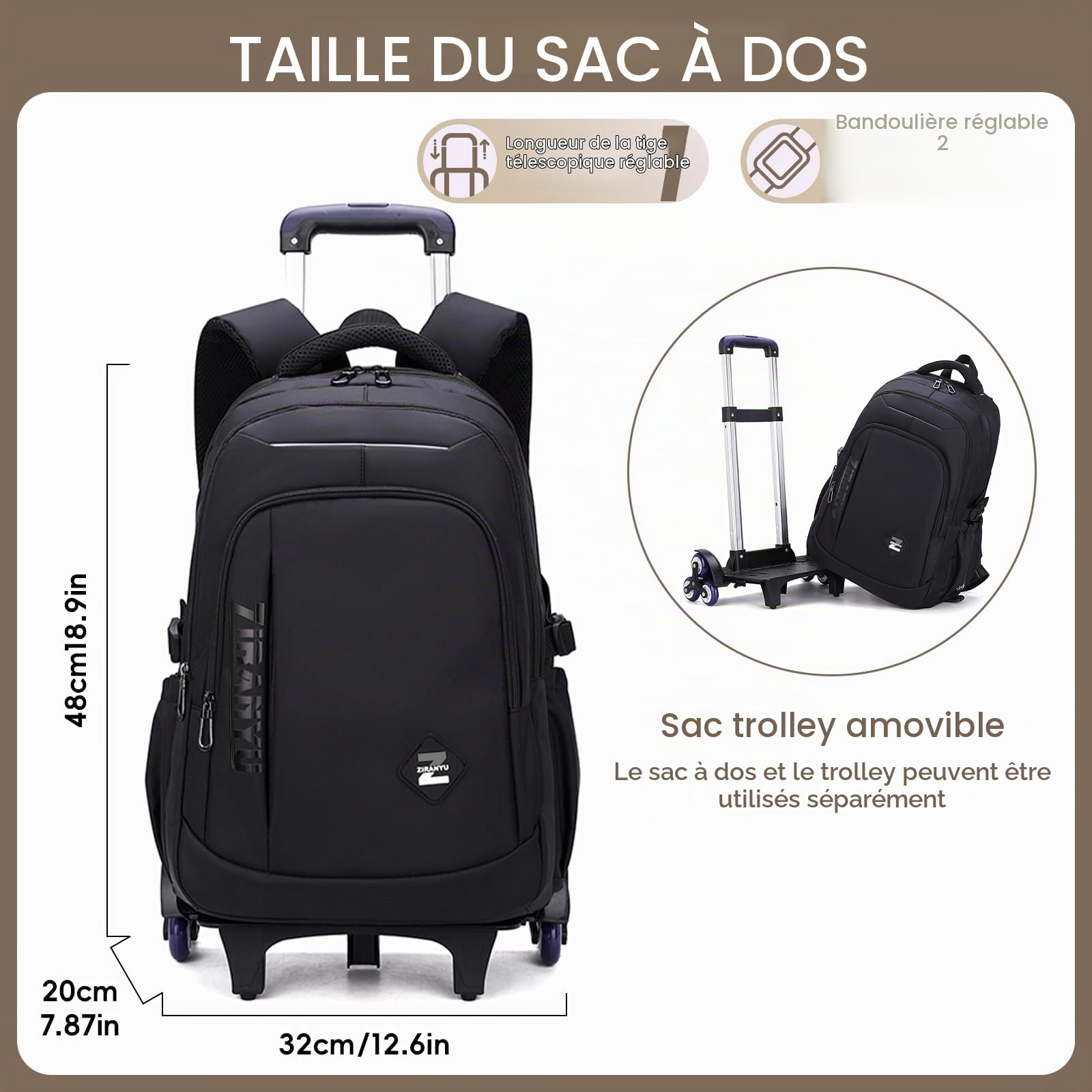Amythe Cartable à Roulettes pour Garçons, Sac à Dos pour Hommes avec 6 roues, 30 Litres Sac Ecole Collège Léger et Imperméable avec Chariot, Adapté aux Loisirs et aux Voyages, Noir