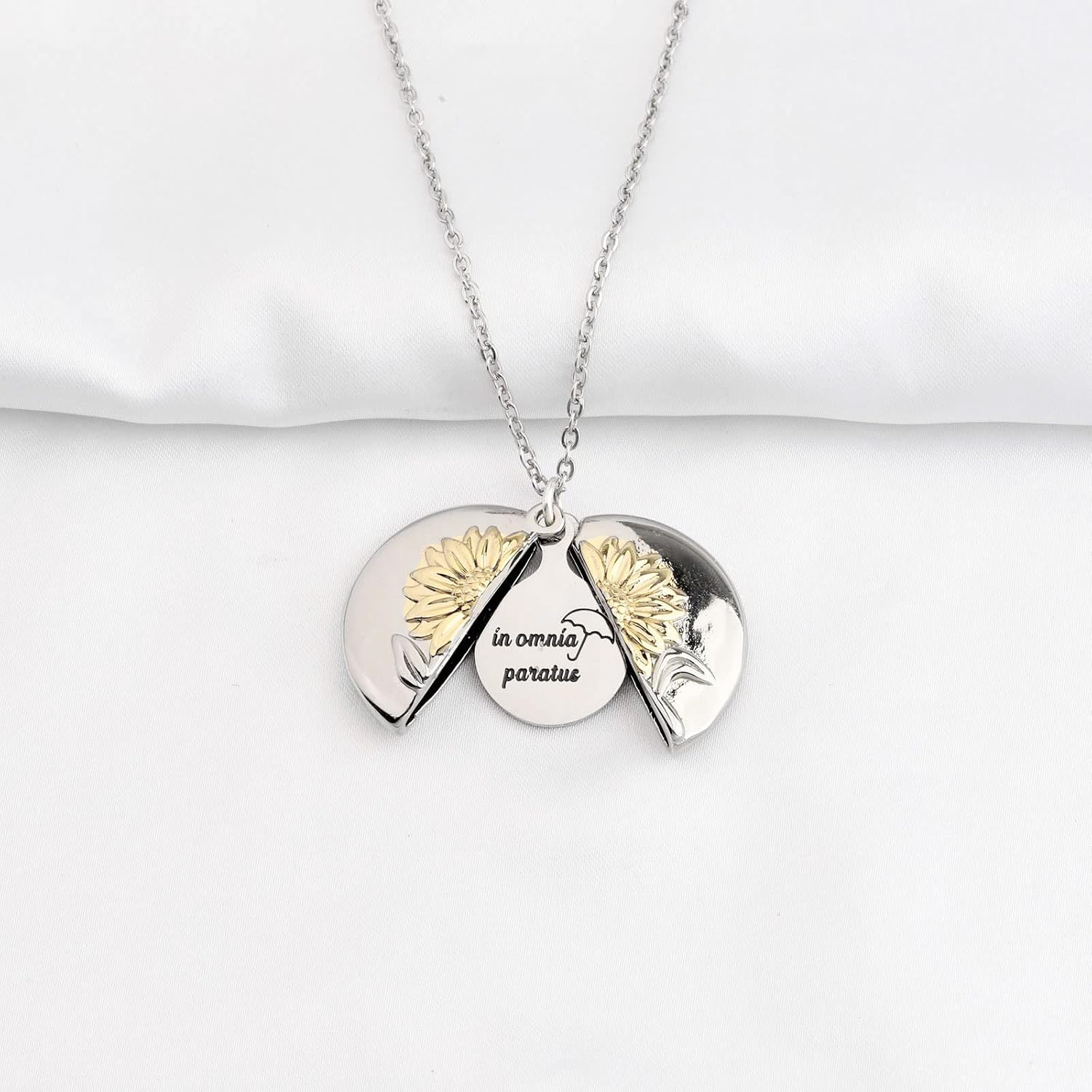 PLITI Celebrity Inspired In Omnia Paratus Sunflower Locket Necklace for Fan - Umbrella Ready for Anything Motivational Gift