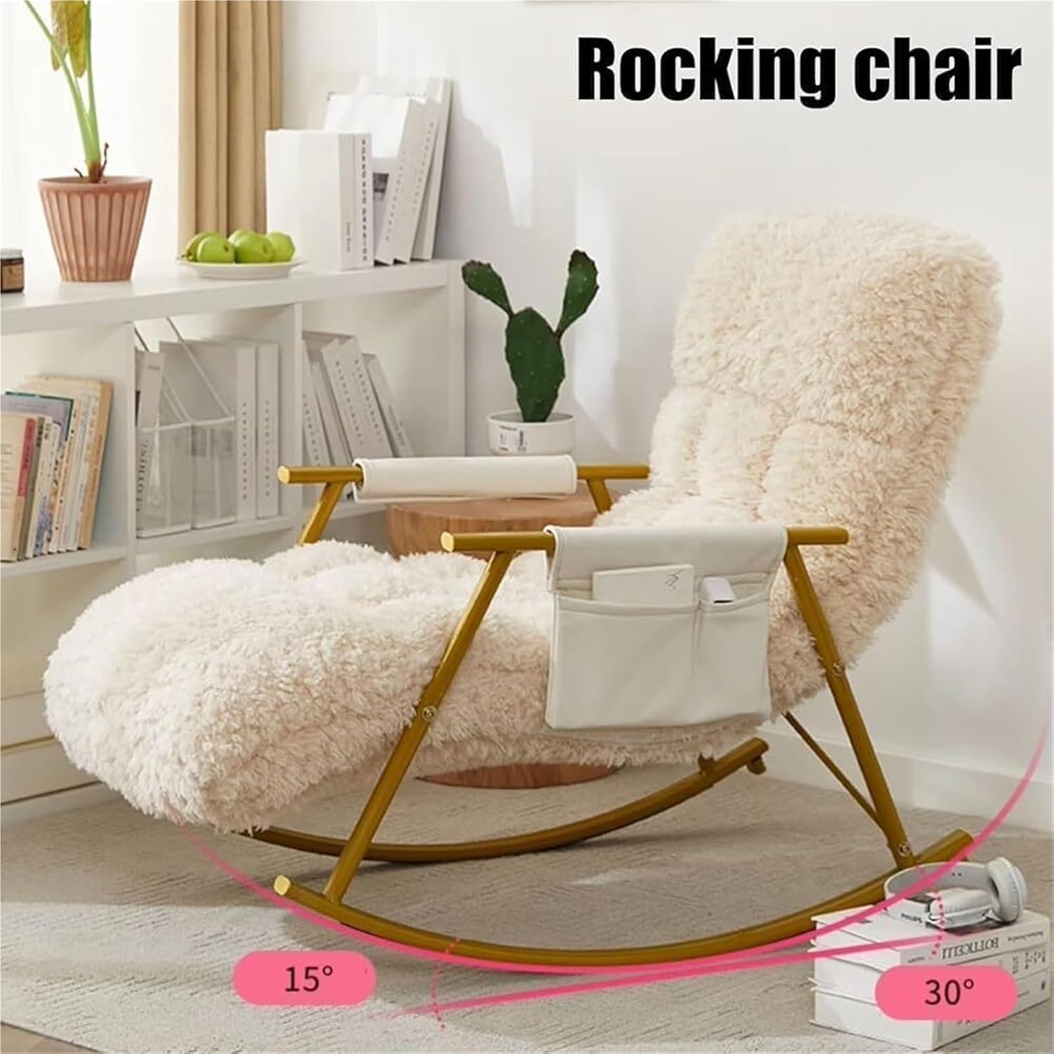 Modern Indoor Glider Rocking Chair with Upholstered Side Pocket - Stylish Armchair for Living Room, Bedroom, Office – Elegant Golden Legs Design