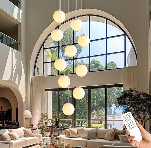 Miniatura 82 de Escalera LED de 10 luces LED moderna con globo de cristal, lámpara colgante grande para techos altos, accesorios de iluminación de entrada, villas y