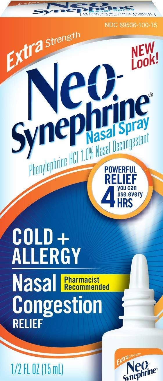 NEO-SYNEPHRINE Extra Strength Nasal Spray, Phenylephrine HCl 1.0%, Powerful Nasal Decongestant, Non-Drowsy Cold & Allergy Relief, 1/2 fl oz (Pack of 6)