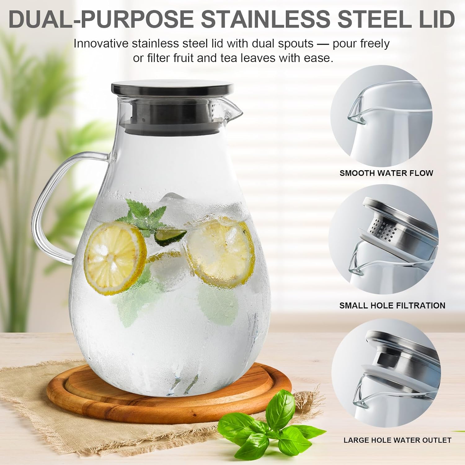2.5L Extra Large Glass Pitcher Water Jug with Lid – Ideal for Lemonade, Iced Tea, or Fruit Punch, Perfect for BBQ, Picnic, and Family Gathering - Image 4