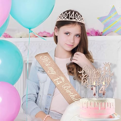Miniatura 2 de Decoraciones de cumpleaños número 14 para niñas, incluyendo banda y tiara de cumpleaños 14, velas de cumpleaños de 14 y adornos para pasteles,