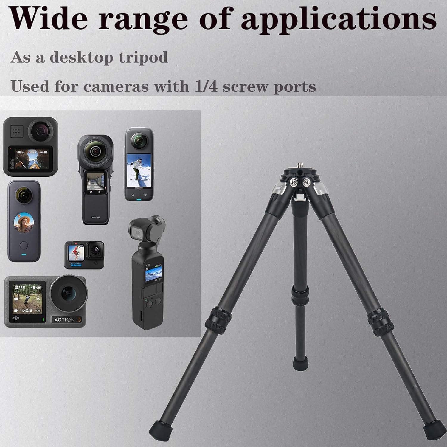 True Carbon Fiber Mini Tripod Desktop Tabletop Stand Tripod for insta360 Insta 360 ONE X X2 X3 RS for Gopro Go pro Hero 12 11 9 8 7 6 5 for DJI Smooth 4, Osmo Mobile, Ronin-S Accessories (Silver)