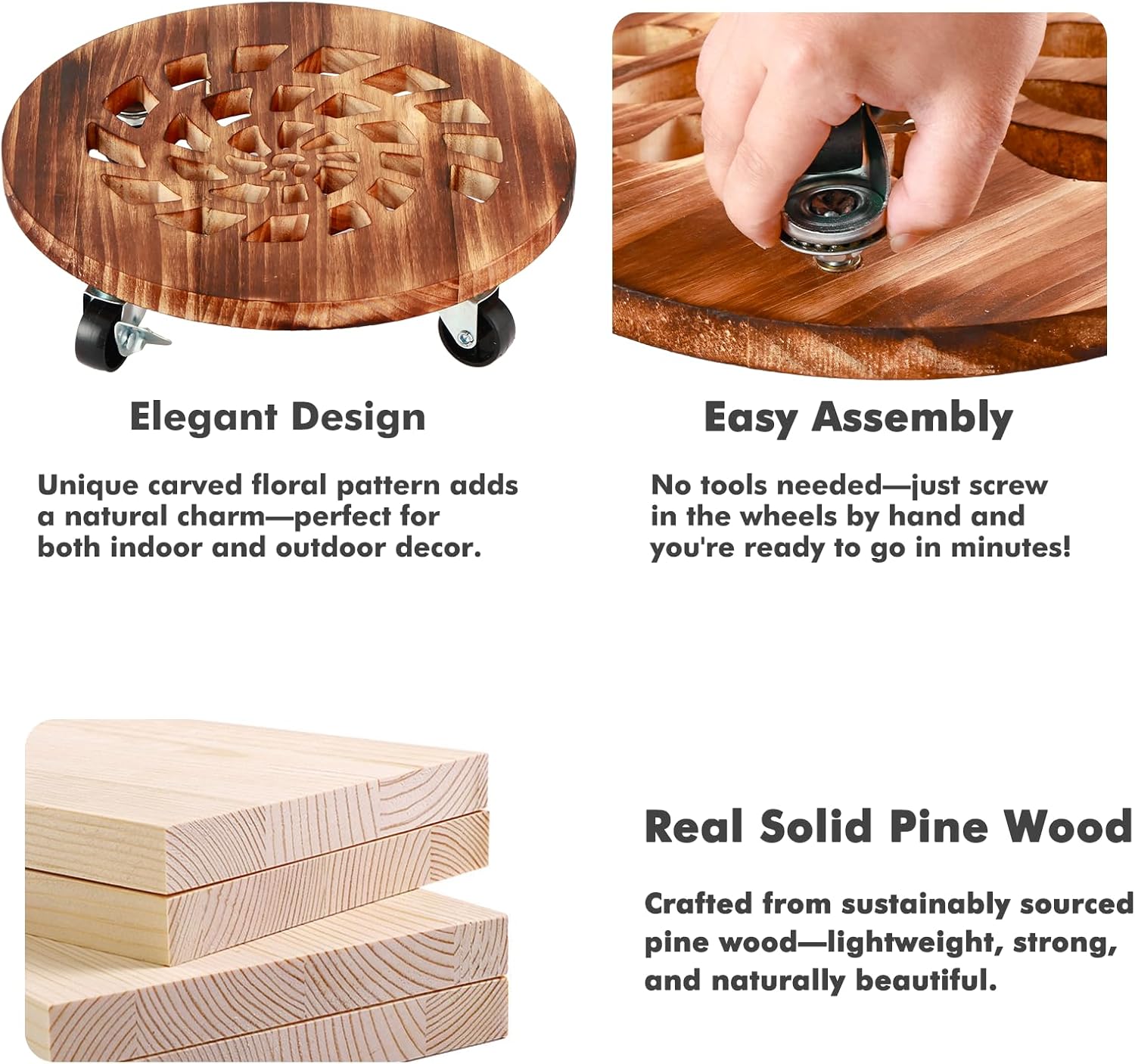 4 Pack Plant Caddy with Wheels Heavy Duty 12 Inch Wooden Plant Stand with Wheels Plant Dolly Rolling Plant Stand Plant Roller with Casters for Indoor and Outdoor with 4 Pack Plant Saucers, Round