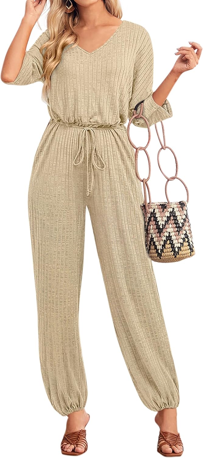 Women's Jumpsuits Casual Elbow Sleeve V Neck Elastic Waist Long Rompers with Pockets
