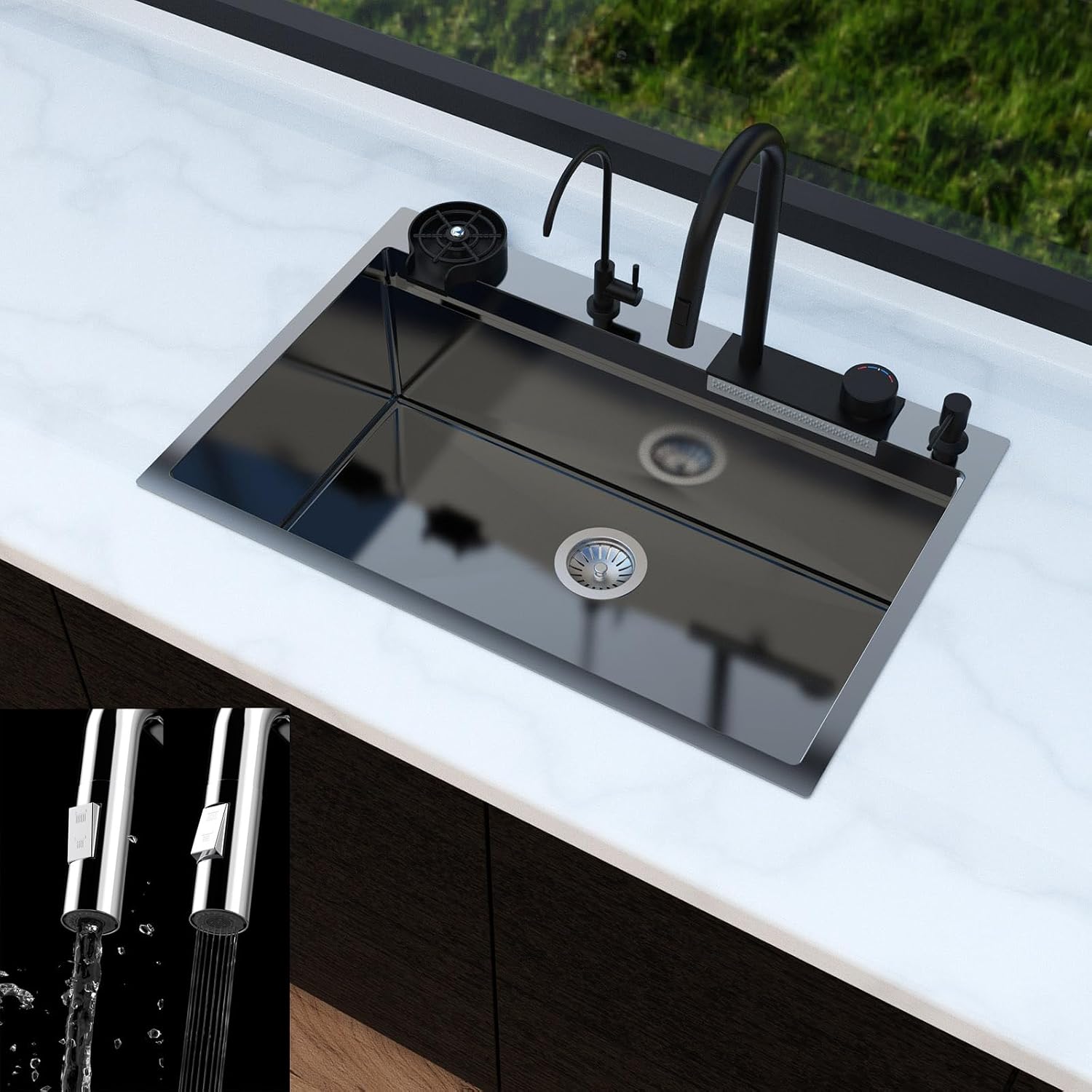 33x22 Waterfall Kitchen Sink Circular Design, Drop In Kitchen Sinks with Faucet Combo, Modern Smart Single Bowl 16 Guage Stainless Steel Workstation Sink, 33"x22"x10" Inch, Gunmetal Black