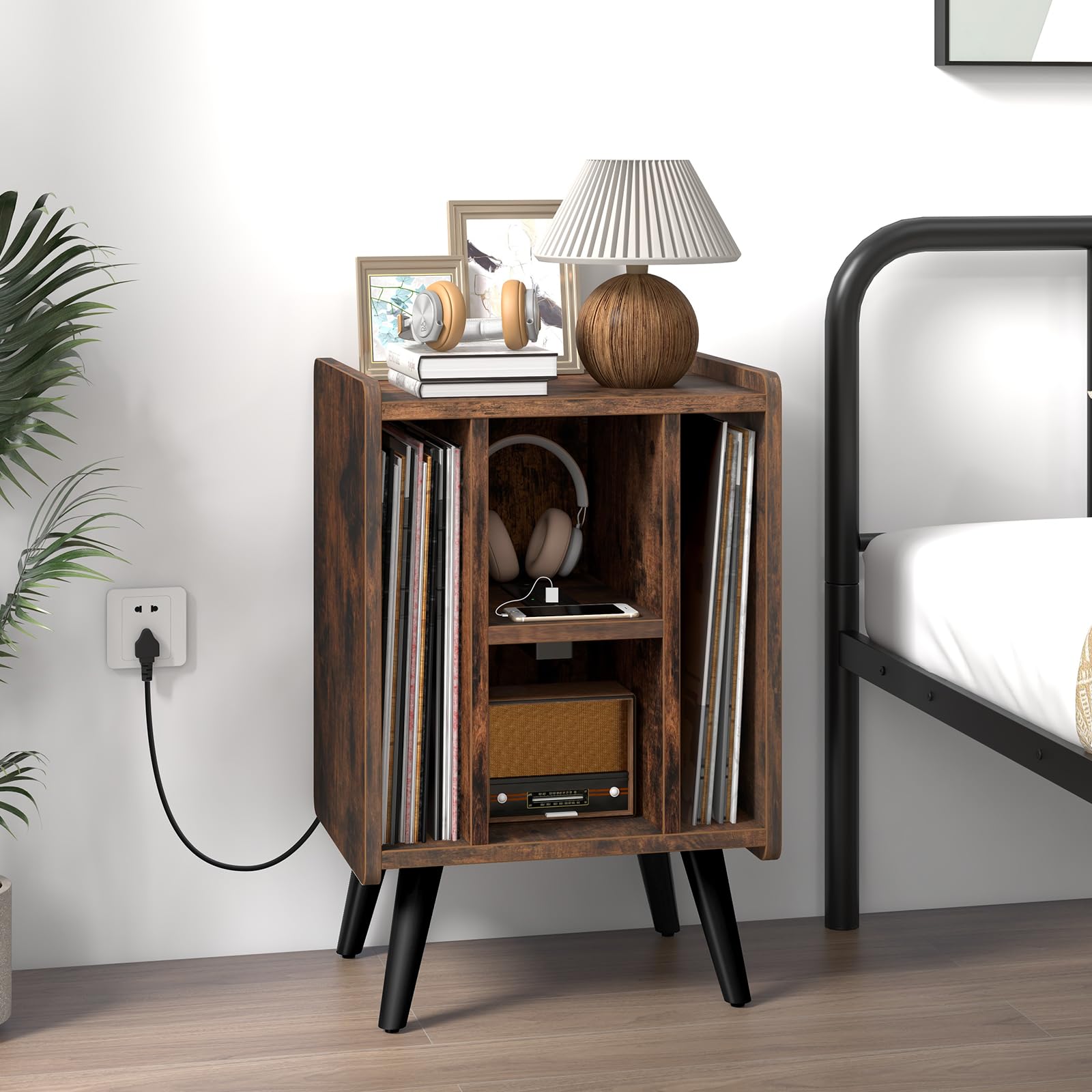 RELAX4LIFE Supporto per Giradischi con Stazione di Ricarica, Porta Vinili con 4 Scomparti Aperti, Espositore per Dischi, Carico Max 90kg per Ufficio, Studio, Camera da Letto (Marrone)