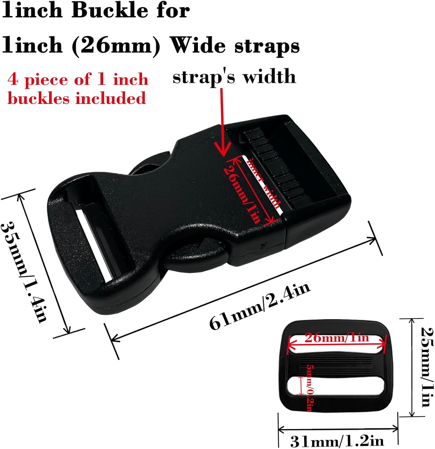 1" Buckles for Straps Quick Side Release Plastic Buckle Clip 4 pcs + Tri-Glide Slide 8 pcs Fit 1 inch Wide Nylon Strap Webbing Belt, Heavy Duty Dual Adjustable No Sew, Backpack Parachute Replacement - Image 2