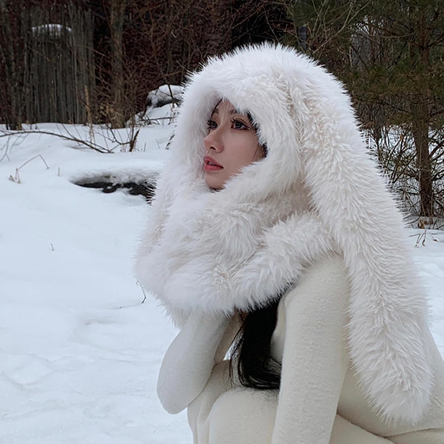 NUEAYMS Furry Plush Balaclava Cap for Women Girl Rabbit Ear Thicken Warm Hat Winter Hooded Face Cover Hat