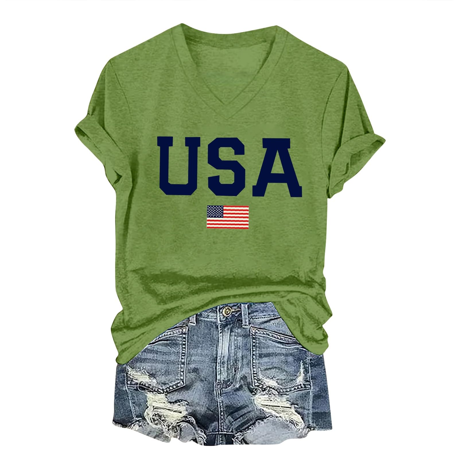 American Flag T Shirt Women USA Star Stripes Fourth July Tee Shirts Casual Short Sleeve America Flag Print V Neck Tee Tops Plus Size(Green,XXL)