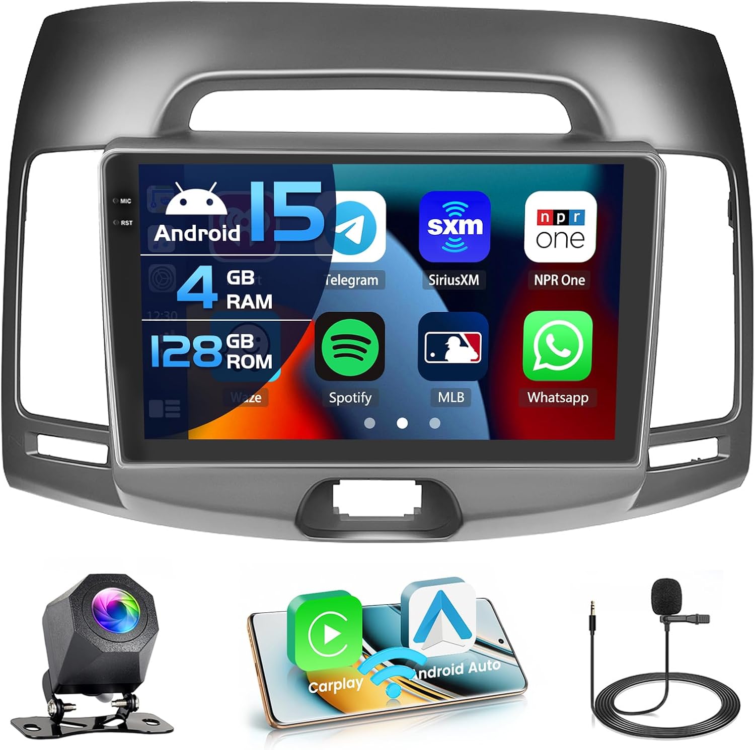 4G 128G for Hyundai Elantra 2007-2010 Radio CarPlay 9" Incell Touchscreen Car Stereo Android 15 Android Auto Bluetooth 5.0 GPS WiFi 15UI Backup Camera