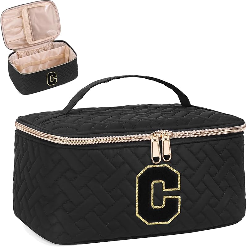 Necessaire de maquiagem JRQCSJY com inicial C, zíper e alça, compartimentos internos, Pacote com 1