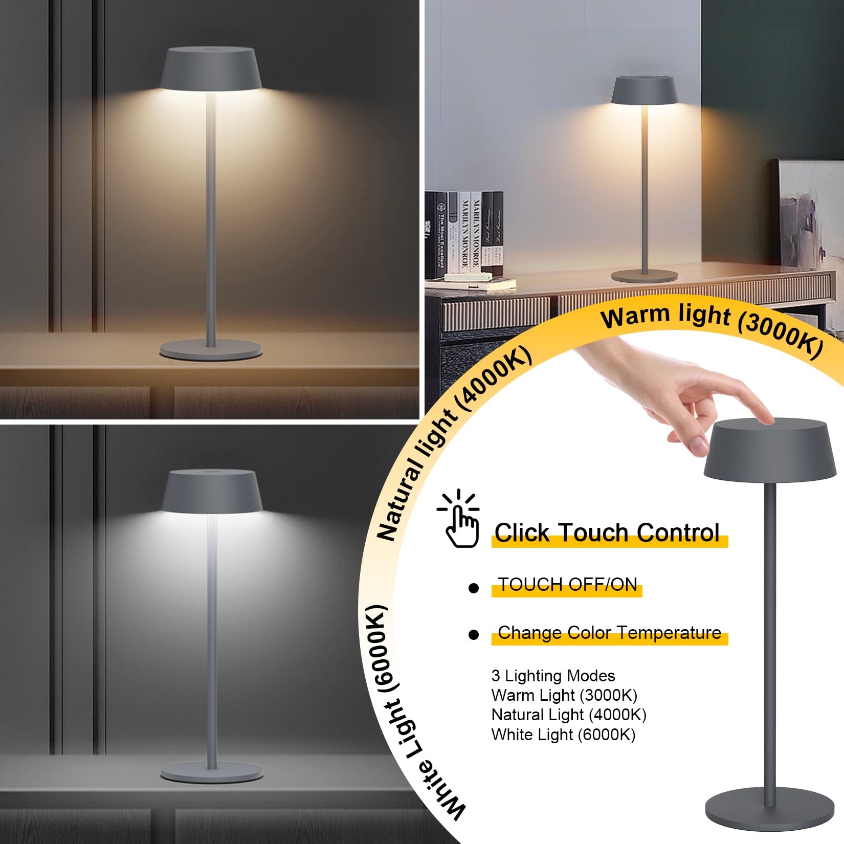 Klighten 2 Piezas LED Recargable Lámpara de mesa con batería, Regulable Antracita Lámpara de escritorio Aluminio con USB-C Carga para Interiores y Exteriore, 3000K/4000K/6000K, IP54