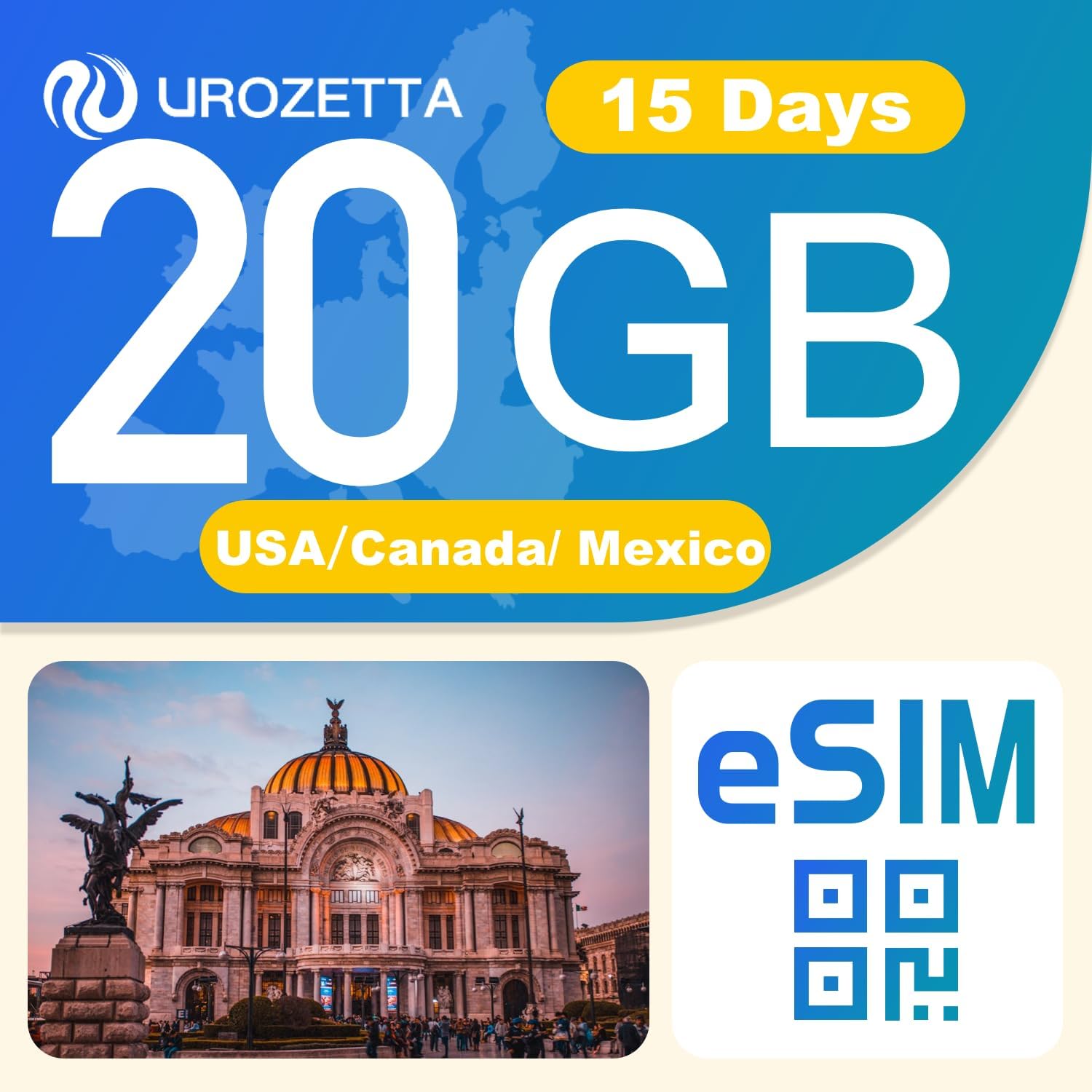 USA Canada Mexico eSIM 20GB 15 Days - 4G LTE High-Speed Network, Prepaid eSIM for Tri-Country Coverage, Hotspot Support, Multi-Carrier for Unlocked iPhone and Android