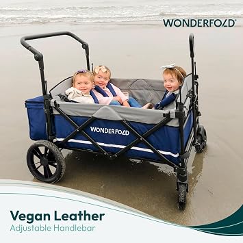 WONDERFOLD X4 Push & Pull Quad Stroller Wagon 4 Seater Featuring Seats with 5-Point Harnesses, Adjustable Push Handle, and Adjustable/Removable UV-Protection Canopy, Sapphire Navy