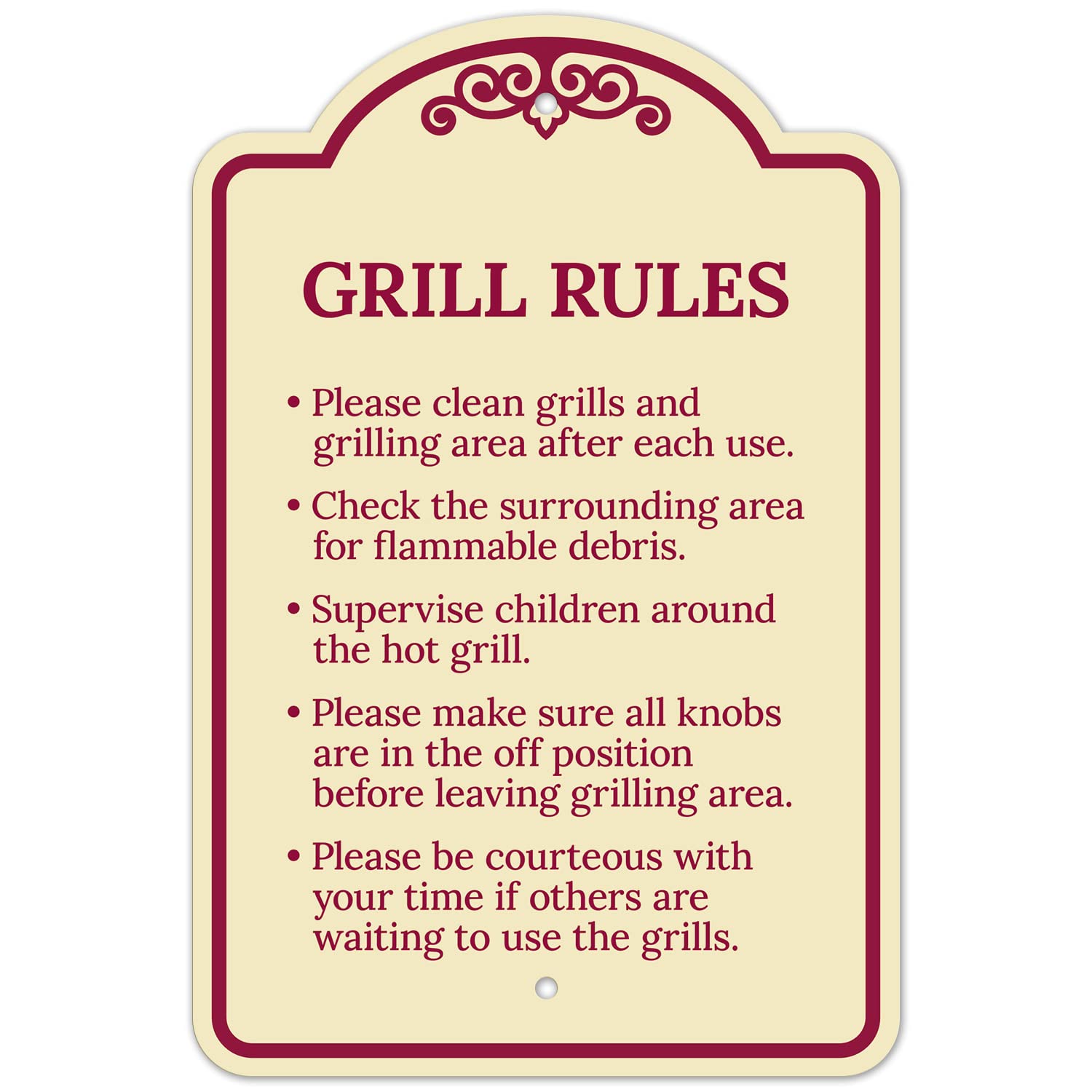Grill Rules Please Clean Grills and Grilling Area After Each Use Décor Sign, Burgundy Light, 12x18 Inches, ACM, Fade Resistant, Made in USA