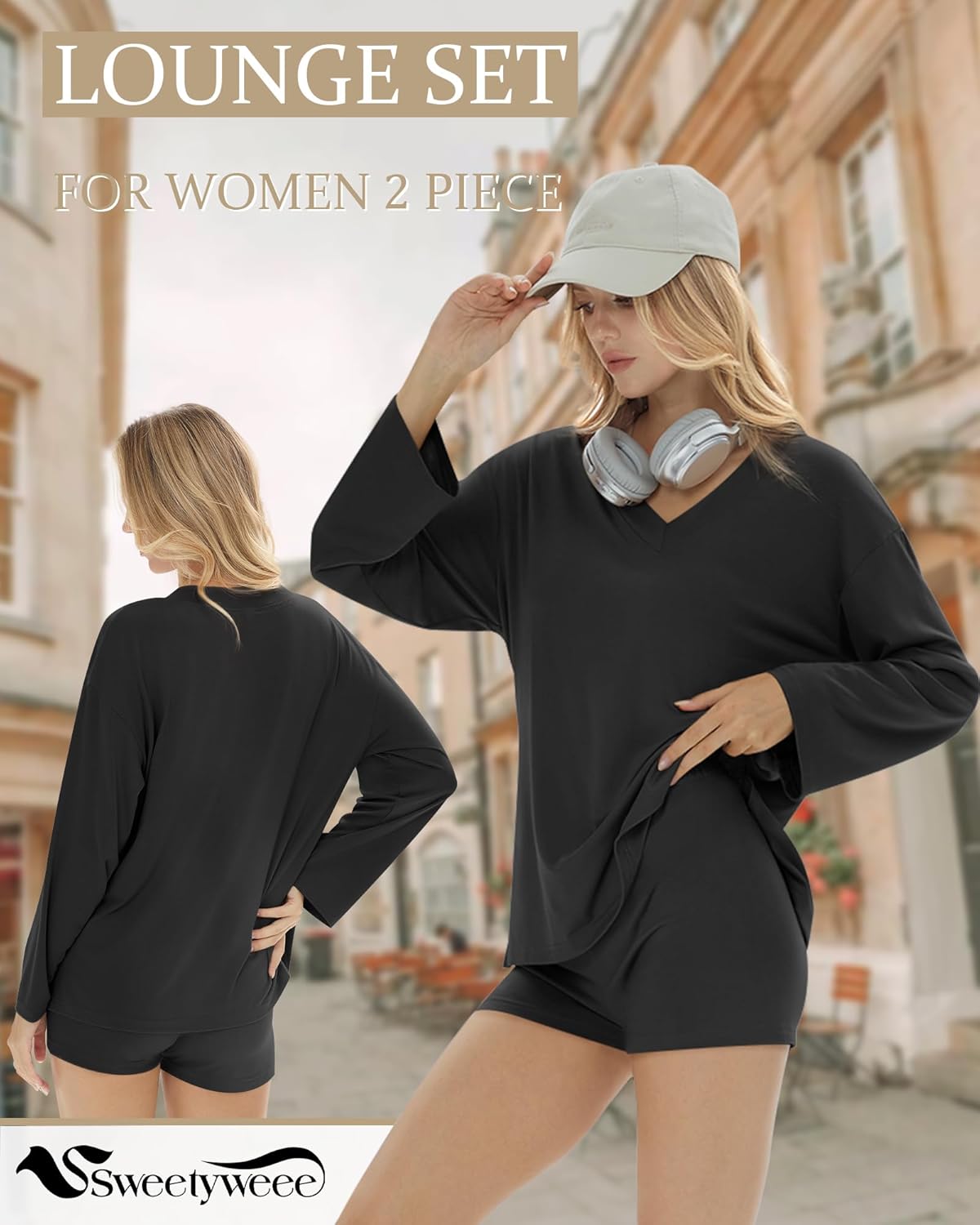 Women's 2 Piece Lounge Sets Oversized V Neck Pajamas Long Sleeve Workout Biker Shorts Side Split Tops Fall - Image 6
