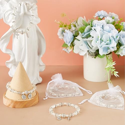 Miniatura 3 de Pulsera de rosario a granel con bolsas de malla, pulsera de cuentas de rosario religioso blanco, pulseras católicas, regalos de bautismo