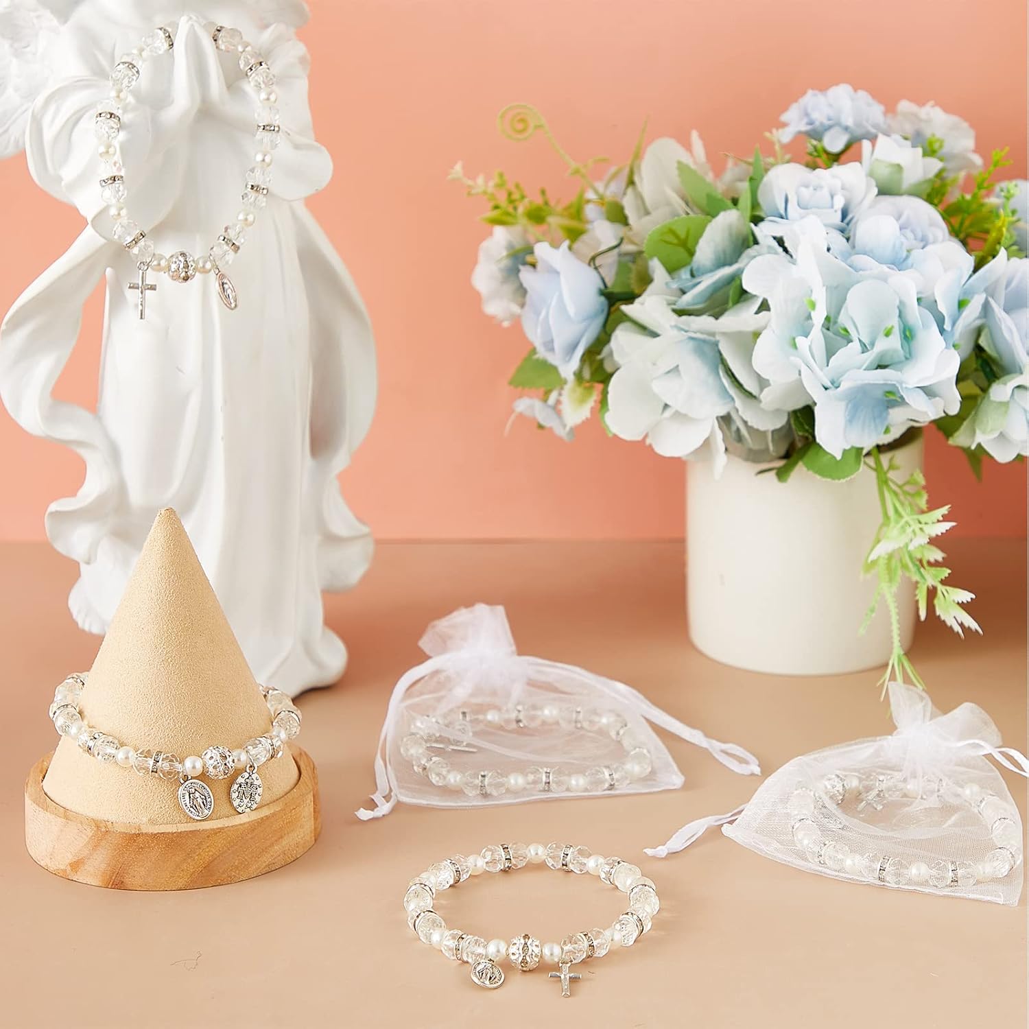 Miniatura 4 de 12 pulseras elásticas de rosario con cuentas con 12 bolsas de malla, pulseras católicas para mujeres y niñas, pulsera de cuentas religiosas, pulsera