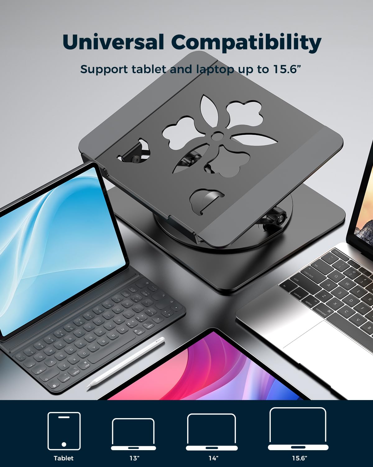 Aoviho Soporte ajustable para computadora portátil con base giratoria de 360°, soporte elevador ergonómico de aluminio para laptop, soporte portátil para MacBook Pro/Air, Dell, HP, Lenovo de hasta