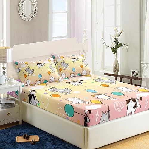 Miniatura 3 de AILONEN Juego de sábanas bajeras de tamaño individual con globos, sábanas coloridas de gatos para mascotas, juegos de sábanas degradadas de gatos de