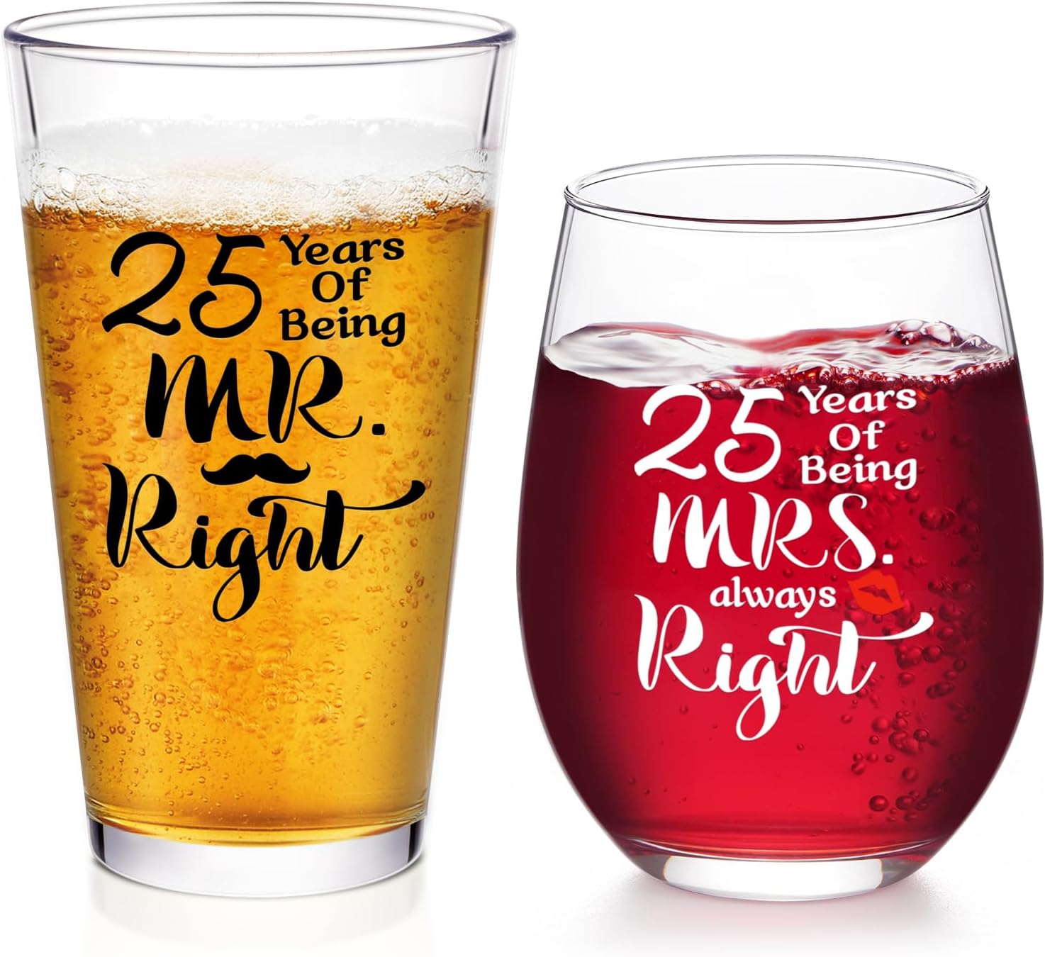 Futtumy 25th Anniversary Glass Gifts Set, 25 Years of Being Mr Right & Mrs Always Right 17oz Wine 15oz Beer Glass, 25th Wedding Anniversary for Wife Husband Couple Parents Grandparents Friends